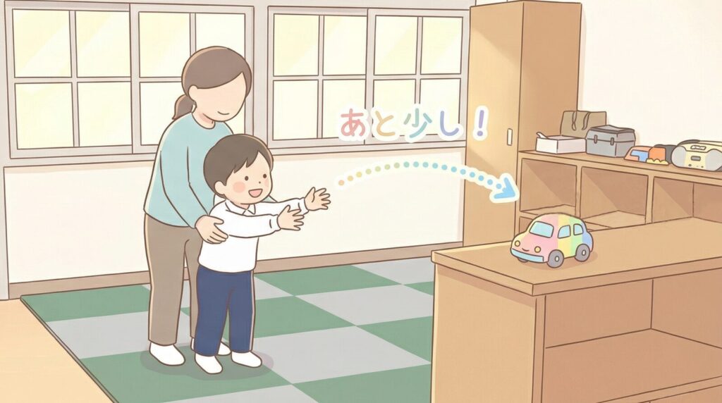 「動機づけの例イラスト」(歩いた先におもちゃがある場面)