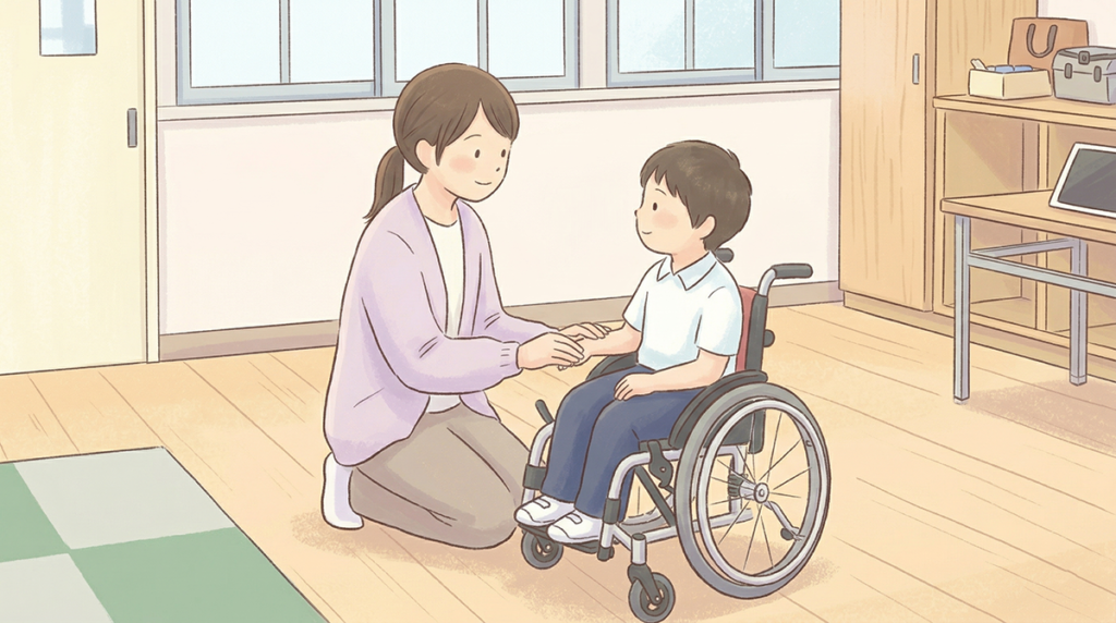 「自立活動の時間のイメージ画像」(教室で子どもと向き合う先生のイラスト)