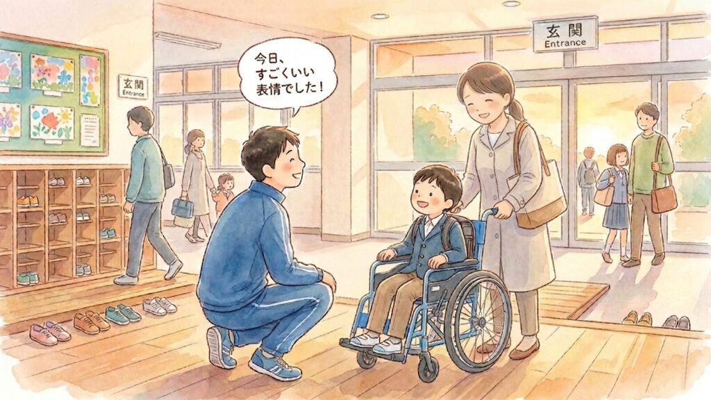 下校時に子どもの様子を保護者に伝える教員